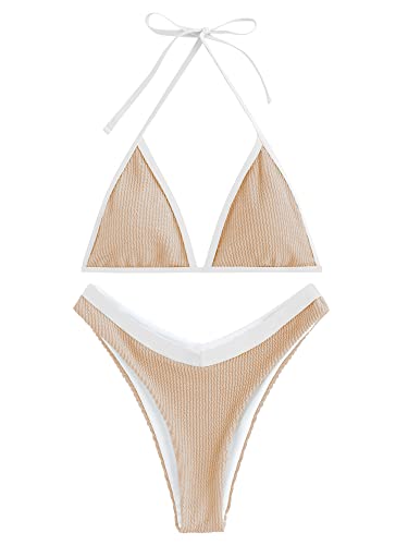ZAFUL Colorblock Textured High Cut Halter Bikini Swimwear Brown