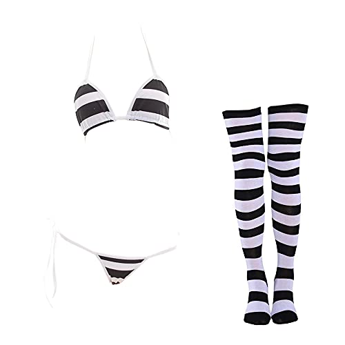 SINROYEE Women's Anime Bikini Swimsuit Set with Thigh High Socks