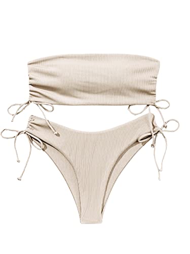 MakeMeChic Women's Apricot Bandeau Swimsuit Tie Side Bikini Set
