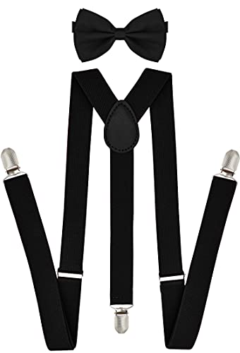 Black Suspenders and Bow Tie Set - Unisex Costume Tuxedo Dress Accessories