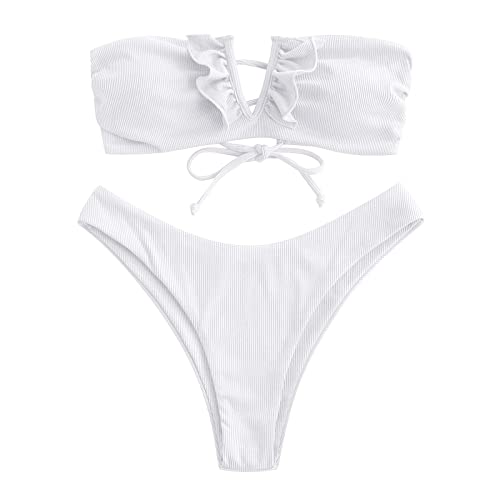 ZAFUL Women's Strapless Ribbed V Wired Lace Up Ruffle Tie High Cut Bandeau Swimsuits Bikini Set