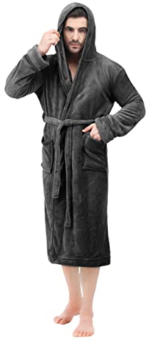 Men's Plush Hooded Fleece Robe - Grey, Large-X-Large