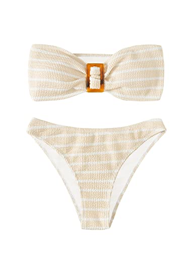 Striped Swimsuit Strapless Bandeau High Waisted Thong Bikini Set