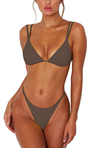 Brown Bikini Set - Sexy Triangle Top, High Cut Thong Bottom