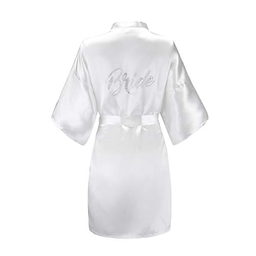 EPLAZA Women's Rhinestone Bridal Short Satin Robe
