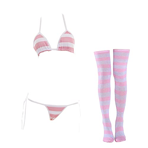 SINROYEE Anime Bikini Lingerie Set with Striped Thigh High Socks