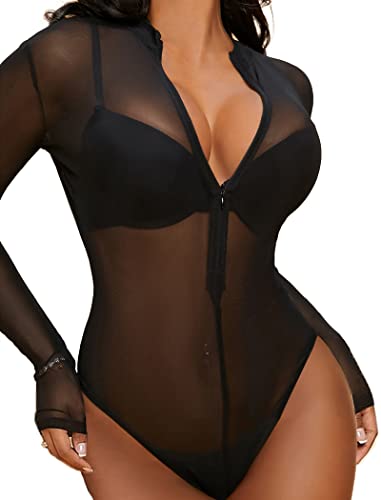 Avidlove Women's Sheer Mesh Bodysuit with Zipper - Sexy and Stylish