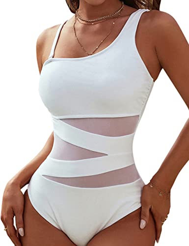 One Shoulder Swimsuits Slimming Mesh Swimwear (X-Large, White)