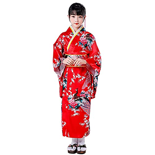 Kimono Dress Traditional Peacock Flower Costume for Girls
