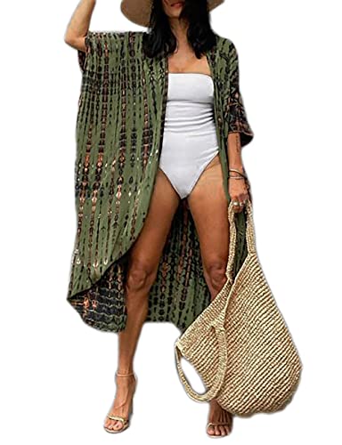 Women Army Green Tie Dye Long Beach Cover Up