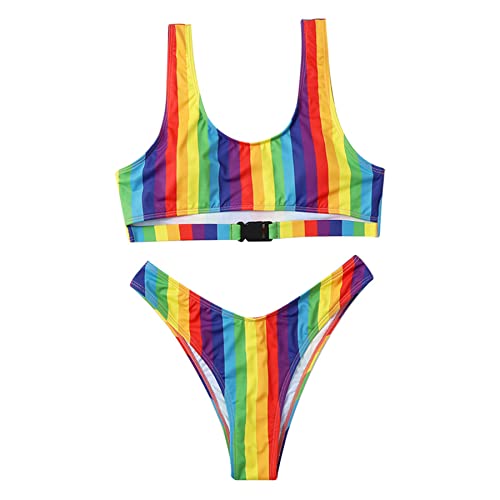 High Waist Plush Up Swimwear with Buckle Rainbow