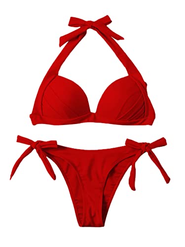 Romwe Women's Halter Push up Bikini Set - Vibrant Red Beachwear