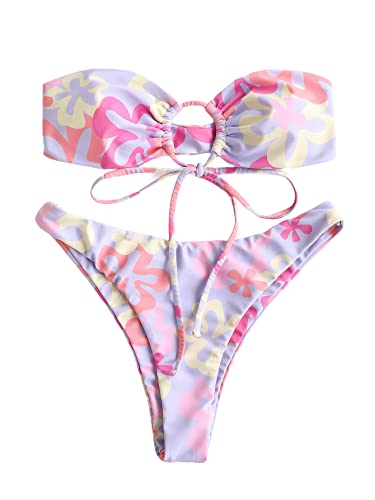Bandeau Swimsuit with High Cut Bikini - Multicolor