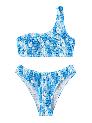 Floral Print One Shoulder Bikini Bathing Suits, Blue and White