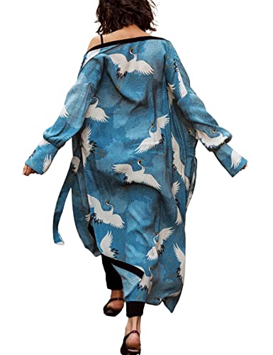 Eddoyee Crane Print Beach Kimono Cardigans for Women