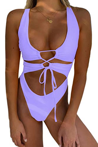 CHYRII Women's Lace Up Backless High Cut Monokini Lavender