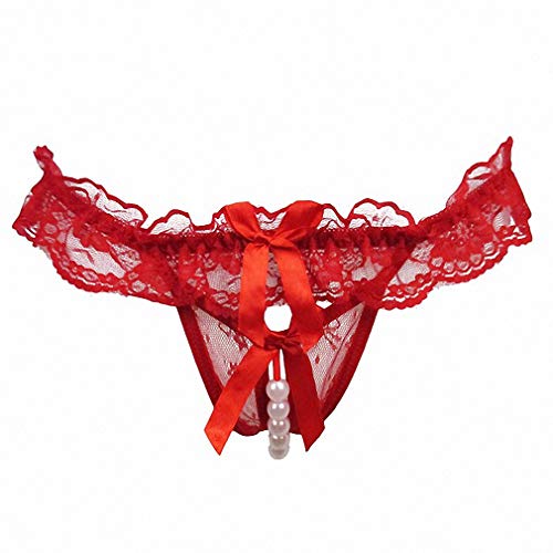 Red Lace Bowknot Beads Thong Lingerie Underwear