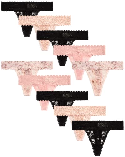 Stretch Microfiber Lace Thong Panties (S-XL), Size Small, Black/Black/Animal Blush/Rose/Floral Rose