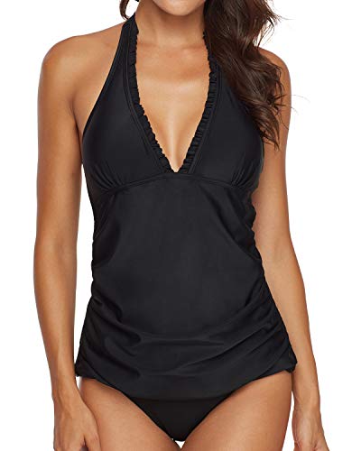 AnnJo Sexy V-Neck Ruffle Halter Backless Flyaway Tankini Suit