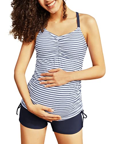 Floral Maternity Tankini Swimsuit in White Stripes - Comfortable and Stylish