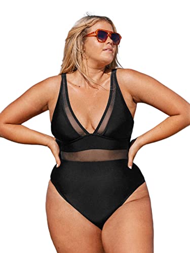 Plus Size One Piece Swimsuit with V Neck Mesh Sheer