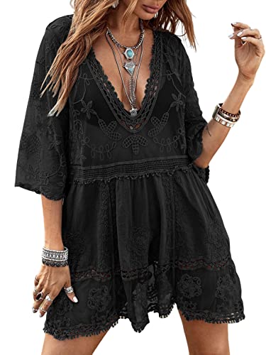 Contrast Lace Plunging V Neck Bikini Cover Up