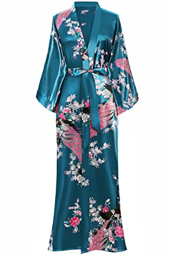 BABEYOND Women's Long Kimono Robe with Peacock and Blossom Prints