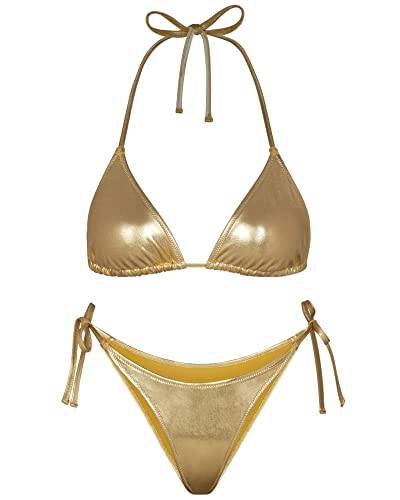 Retro Metallic Bikini - Shiny Silver Gold Swimsuit Set