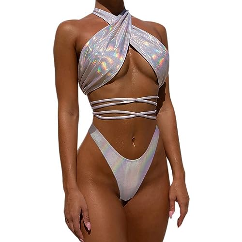JUMISEE Women's Neon Shiny Hologram Strappy Bikini