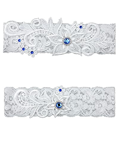 Wedding Bridal Lace Garters with Blue Rhinestone