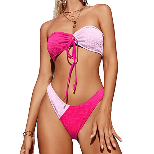 Color Block Pink Bikini Ribbed Two Piece Swimsuits