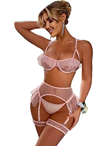 SOLY HUX Women's Valentine's Sexy Mesh Lingerie Set