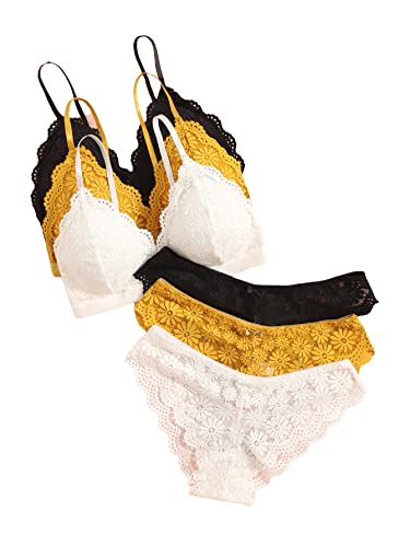 Floral Lace Scallop Trim Lingerie Set with Wireless Bra and Panty Set
