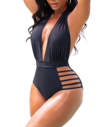 Sexy One Piece Swimsuits Halter Plunge V Neck Cutout Bathing Suits