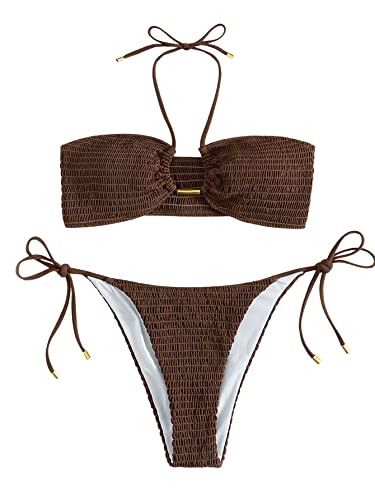 SweatyRocks Women's Ribbed Halter Bikini Swimsuit - Coffee Brown
