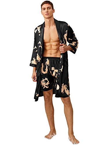 Silk Bathrobes Long Sleeve Satin Kimono Robe with Shorts