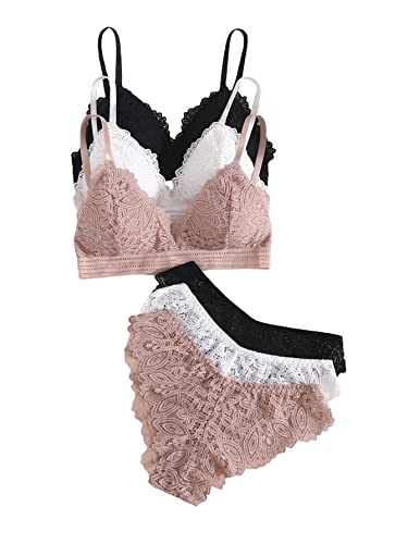 Floerns Women's 3 Pack Lace Bra and Panty Set