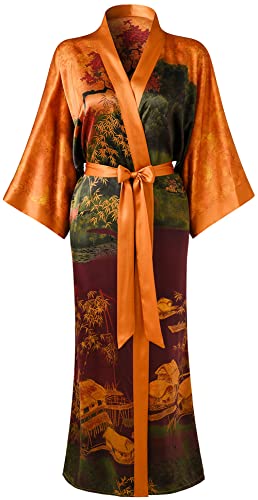 Ledamon Women's Silk Kimono Long Robe - Landscape - Golden