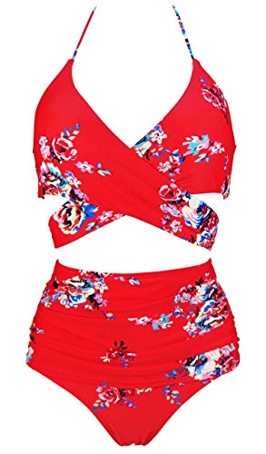 Vintage Style Red Garden Flower High Waist Bikini Set