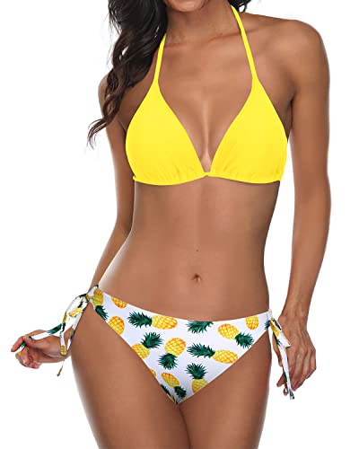 Yellow Pineapple Two Piece Halter Triangle Bikini Bathing Suit