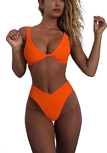 Orange High Waisted Bikini Cheeky High Cut Full Coverage Bikini Set