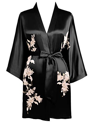 Short Floral Kimono Blouse Loose Cardigen Bachelorette Party Robe (Black)