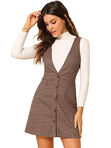 Allegra K Women's Overalls Dress | Red Black Plaid Houndstooth Pinafore