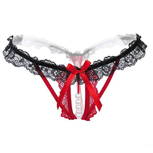 Lyeacs Lace Thongs G-String with Pearls Ball Red