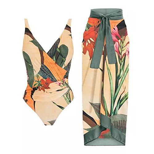 Floral One-piece Bikini + Gauze Skirt Set