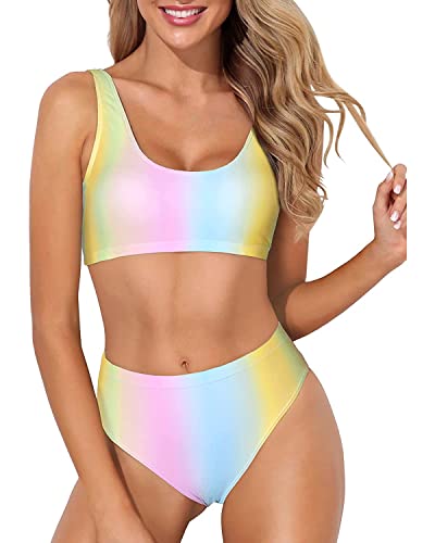 Rainbow Scoop Neck Bikini Crop Top High Cut Swimsuit