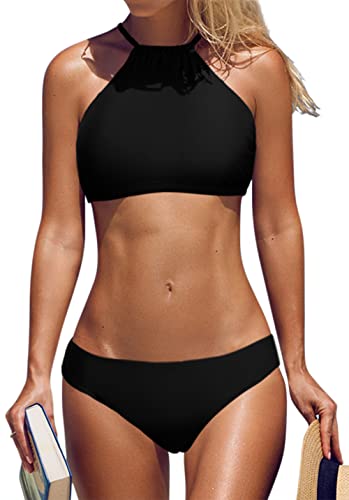 Black Halter High Neck Bikini Set Swimsuit