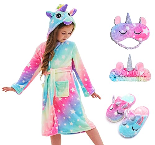 CHETOSHO Soft Unicorn Robe Set for Girls - Pink/Blue Stars