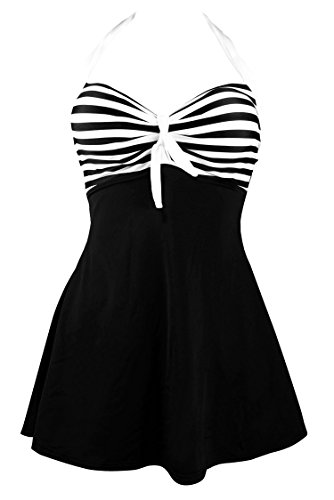 COCOSHIP Black & White Striped Pin Up Swimsuit - Plus Size Vintage Sailor Skirtini Cover Up Beachwear
