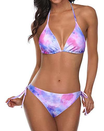 Purple Tie Dye Halter Triangle Bikini Bathing Suit